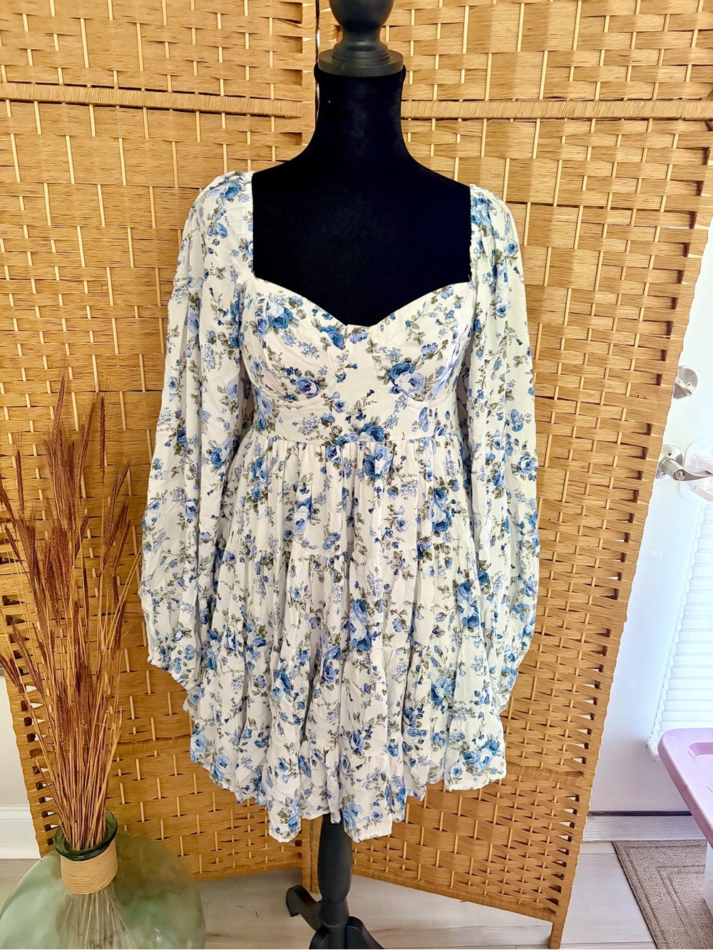 Altar'd State White Dress with Blue Floral Print Mini - Picture 2 of 9